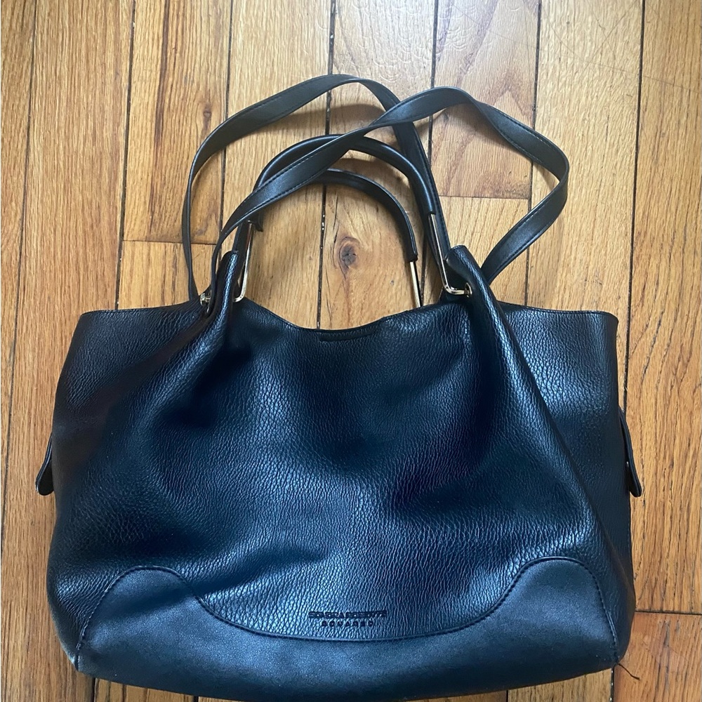 NWOT Sondra Roberts Squared Black Faux Leather Pebbled Shoulder Tote Bag Gold